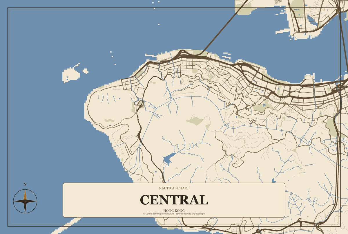 Central, Hong Kong City Map Aluminum Sign in Heritage Nautical style