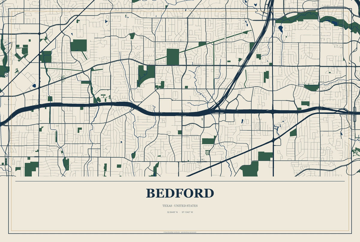 Bedford, Texas City Map Aluminum Sign in Coastal Cutout style