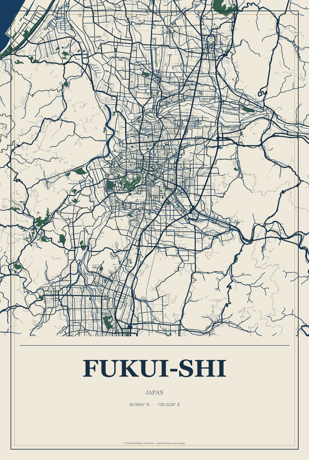 Fukui-shi, Japan City Map Aluminum Sign in Coastal Cutout style