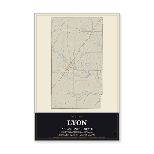 Lyon County, Kansas Map Aluminum Sign in Museum Plaque style