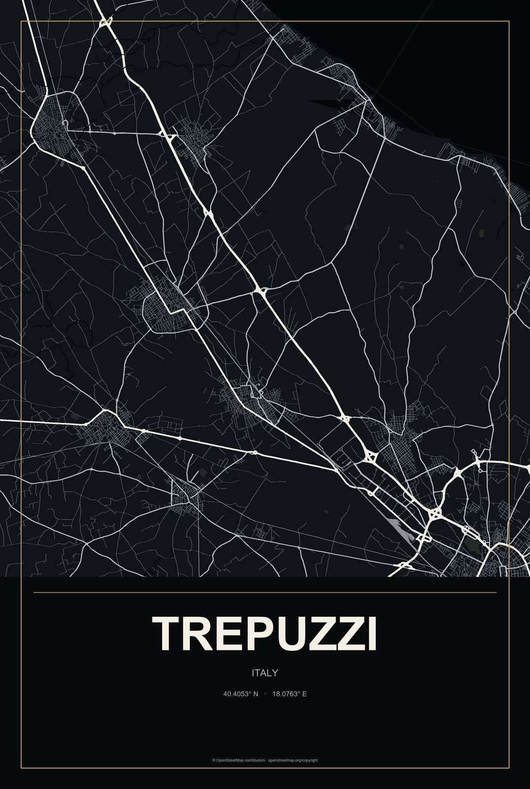Trepuzzi, Italy City Map Aluminum Sign in Metropolitan Noir style
