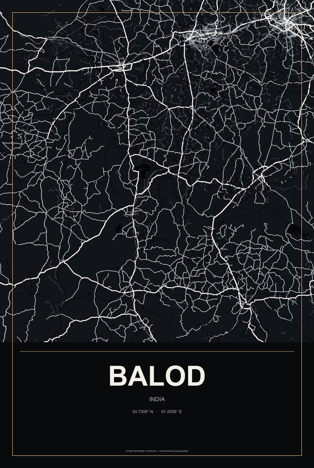 Balod, India City Map Aluminum Sign in Metropolitan Noir style