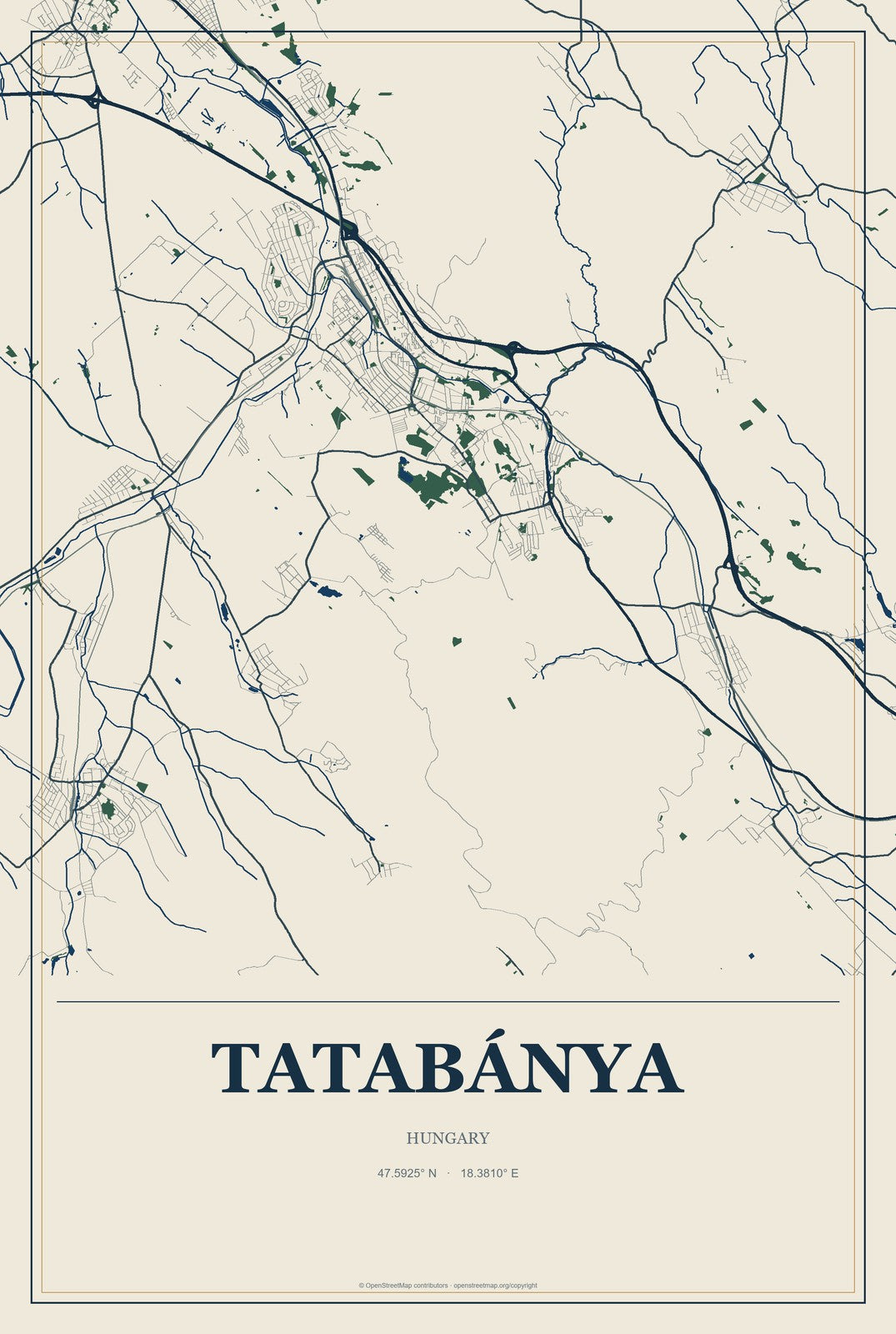 Tatabánya, Hungary City Map Aluminum Sign in Coastal Cutout style