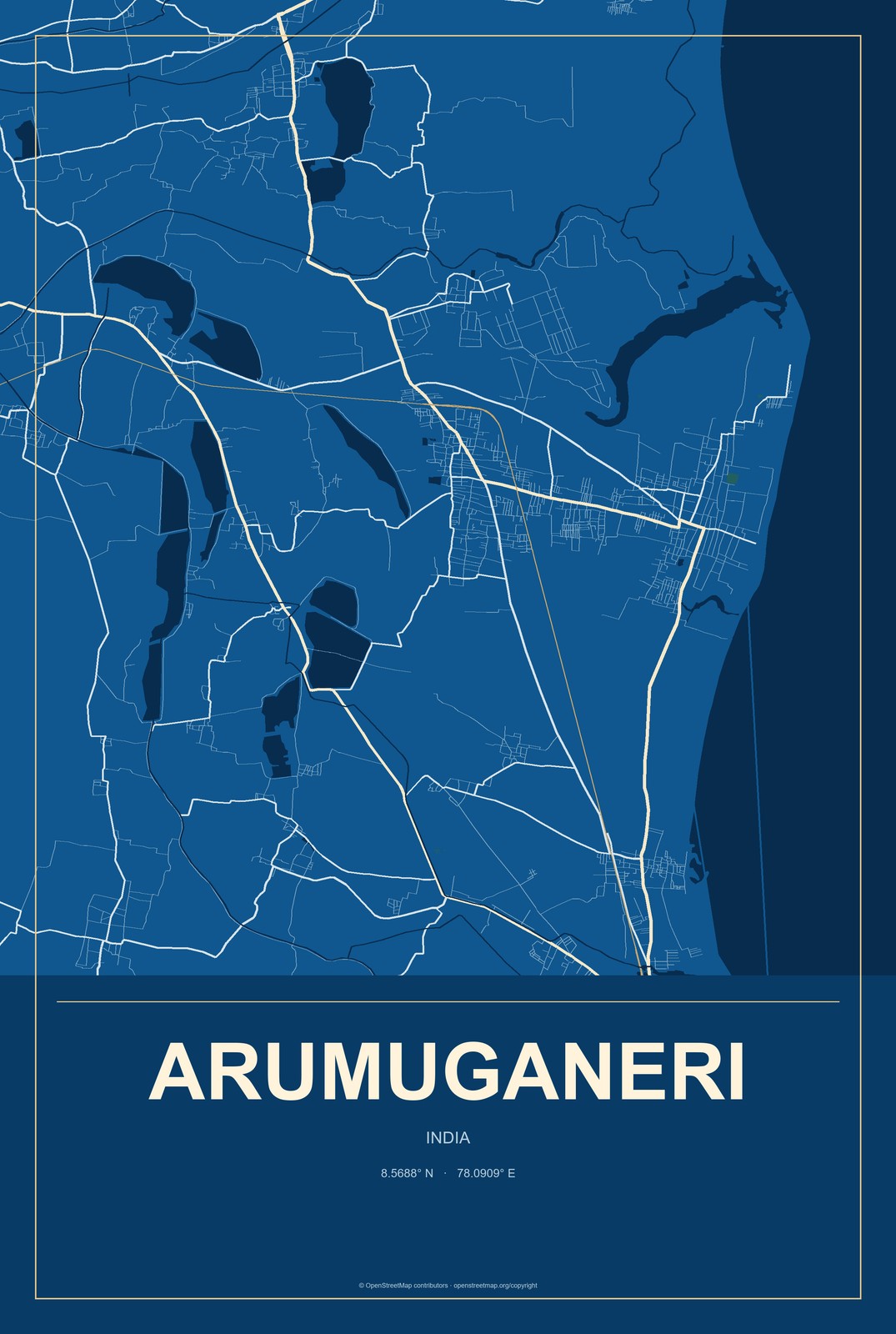 Arumuganeri, India City Map Aluminum Sign in Harbor Cobalt style