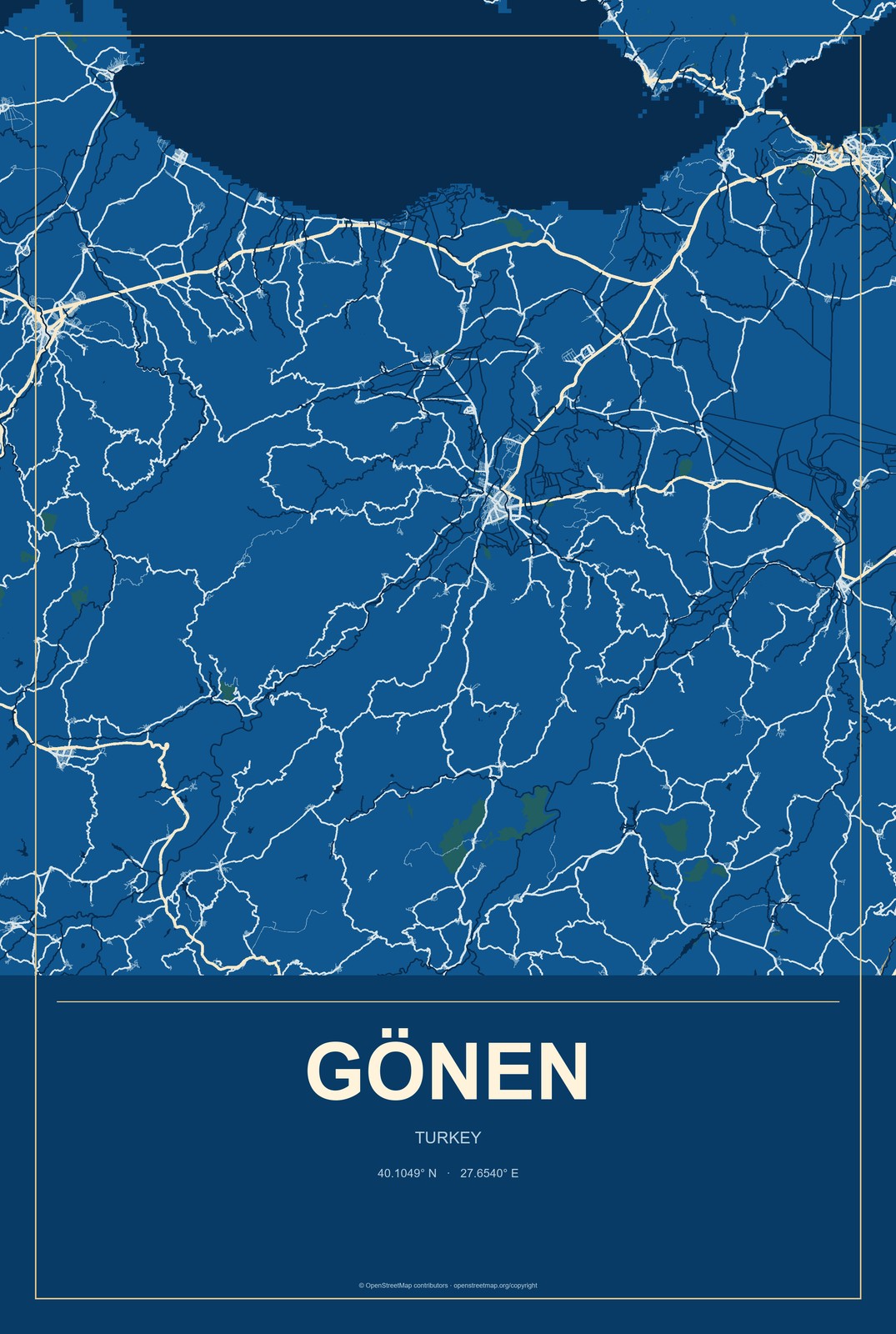 Gönen, Isparta, Turkey City Map Aluminum Sign in Harbor Cobalt style