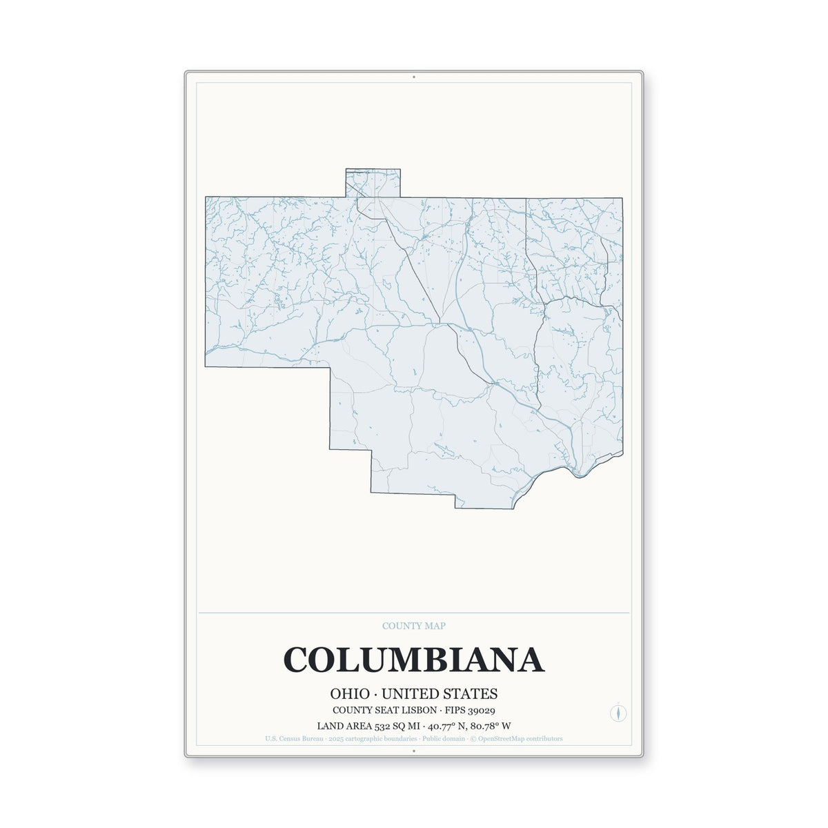 Columbiana County, Ohio Map Aluminum Sign in Gallery Air style