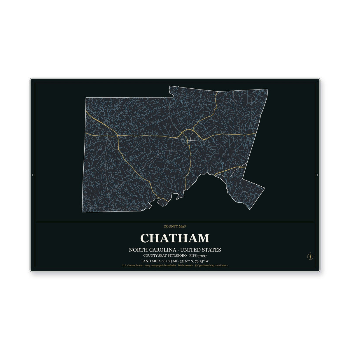 Chatham County, North Carolina Map Aluminum Sign in Metropolitan Noir style