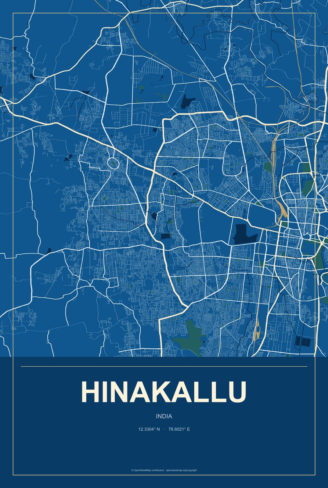 Hinakallu, India City Map Aluminum Sign in Harbor Cobalt style