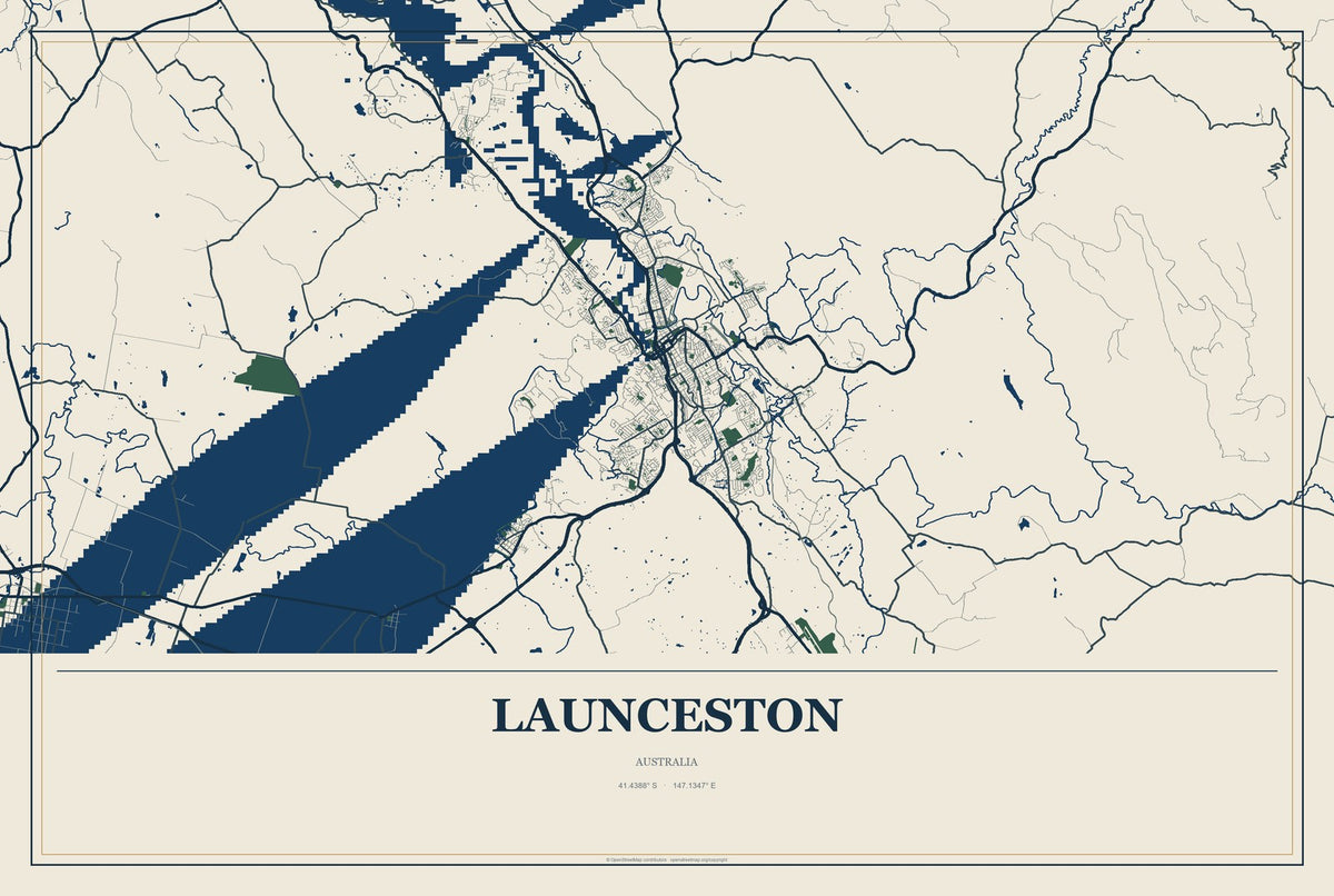 Launceston, Australia City Map Aluminum Sign in Coastal Cutout style