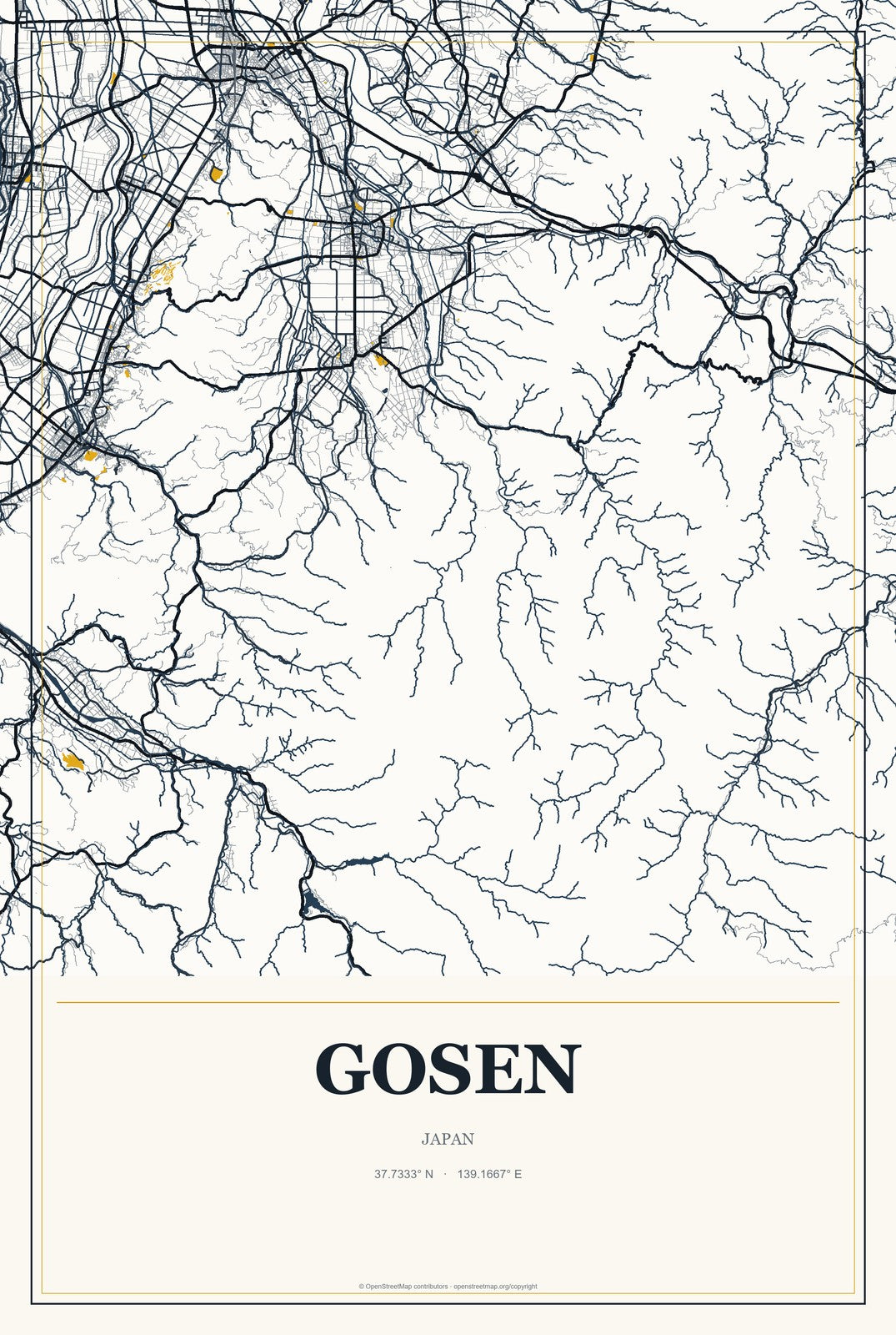 Gosen, Japan City Map Aluminum Sign in Citrine Modern style