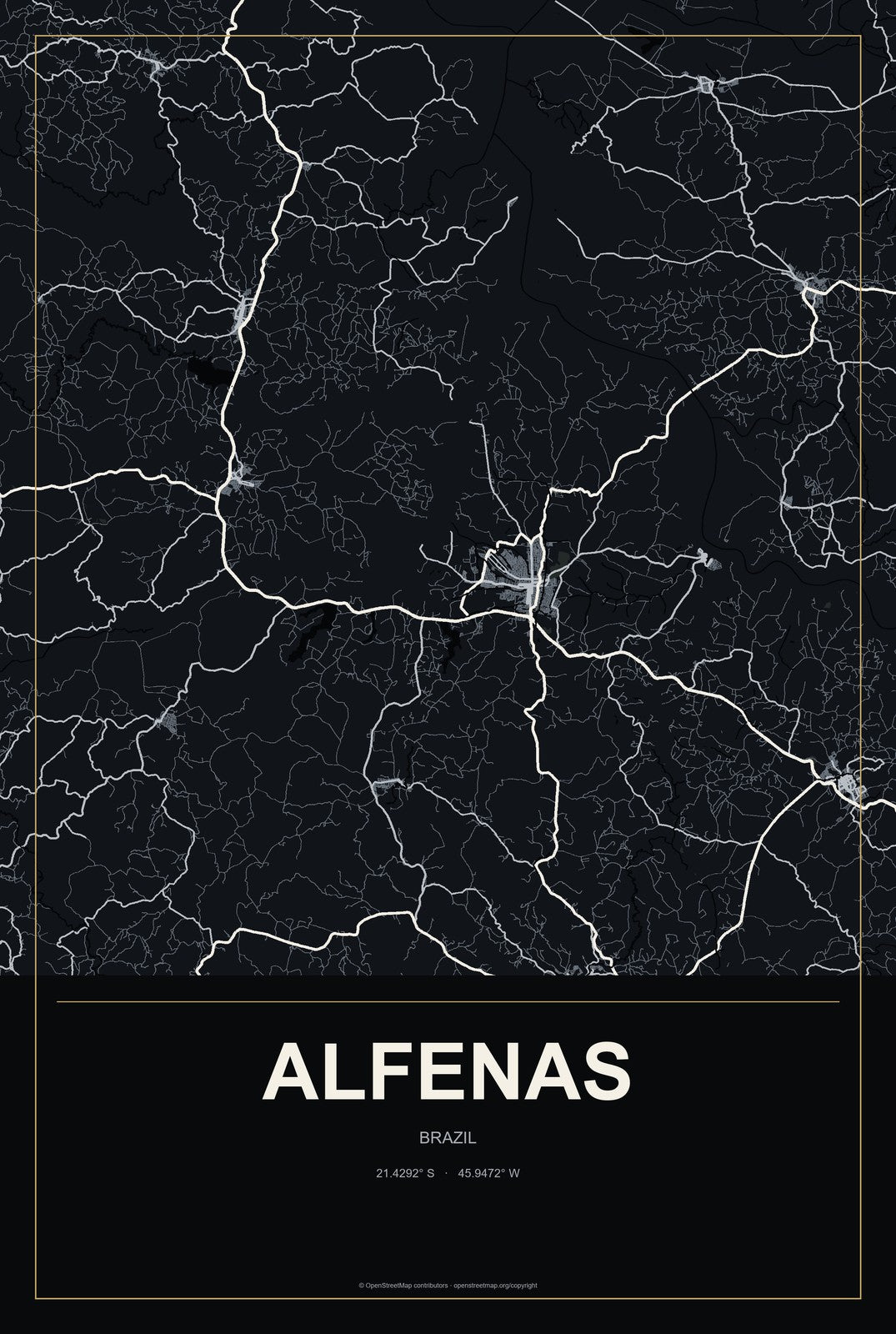 Alfenas, Brazil City Map Aluminum Sign in Metropolitan Noir style