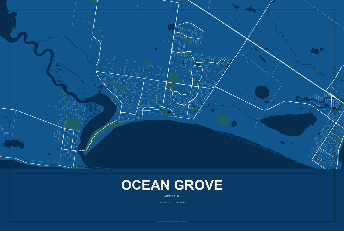 Ocean Grove, Australia City Map Aluminum Sign in Harbor Cobalt style