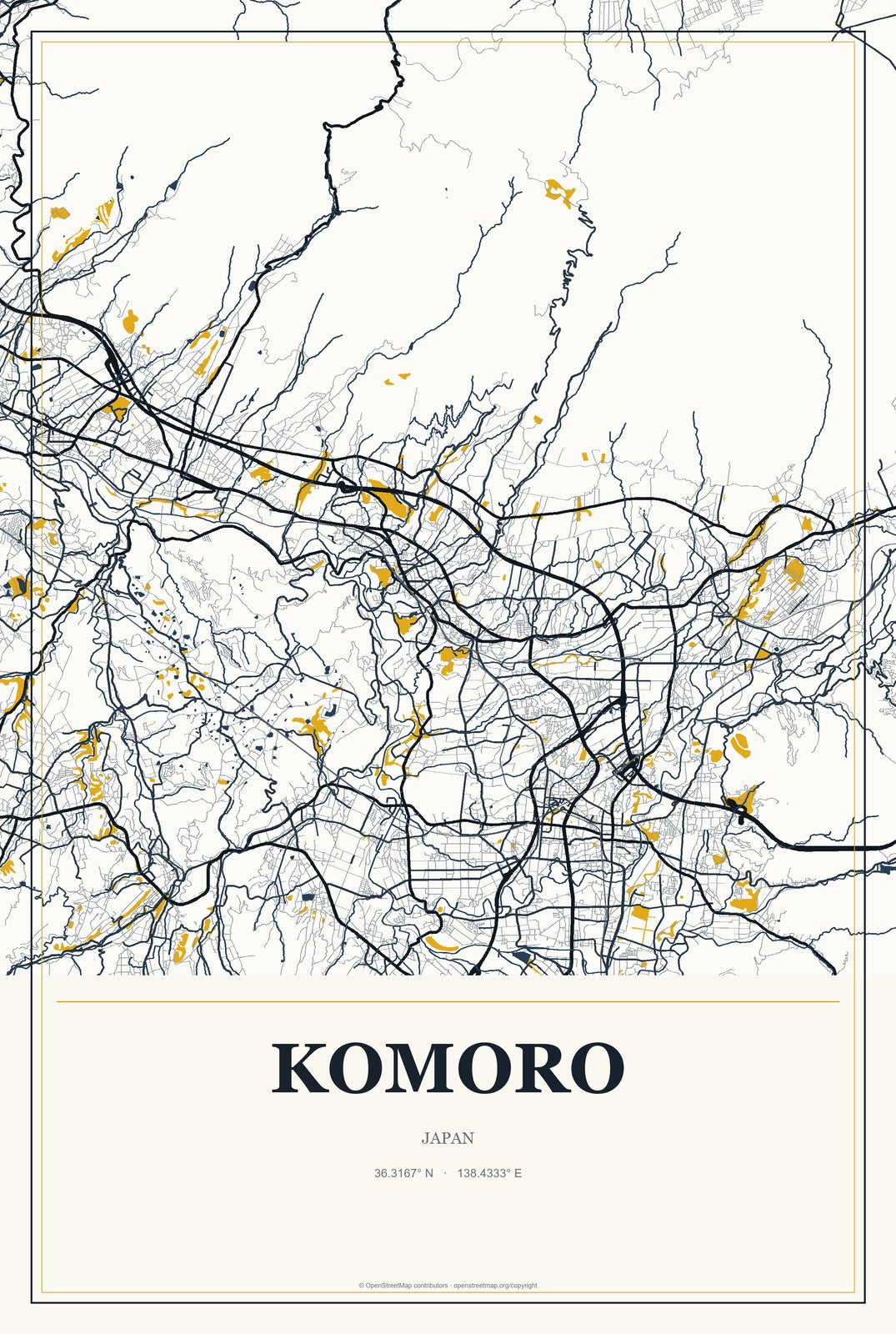 Komoro, Japan City Map Aluminum Sign in Citrine Modern style