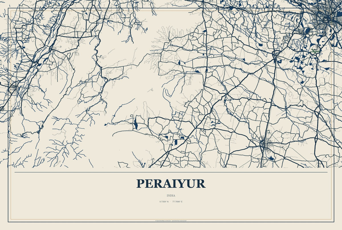 Peraiyur, India City Map Aluminum Sign in Coastal Cutout style