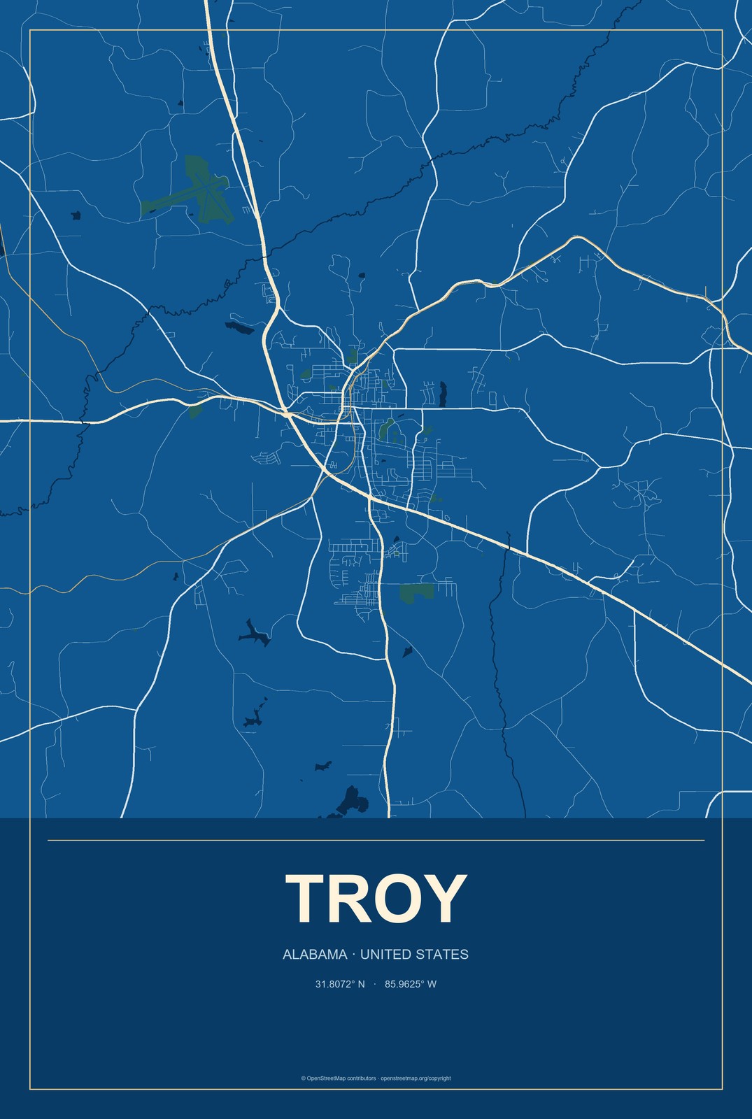 Troy, Alabama City Map Aluminum Sign in Harbor Cobalt style