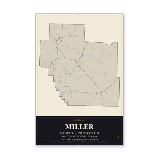 Miller County, Missouri Map Aluminum Sign in Museum Plaque style