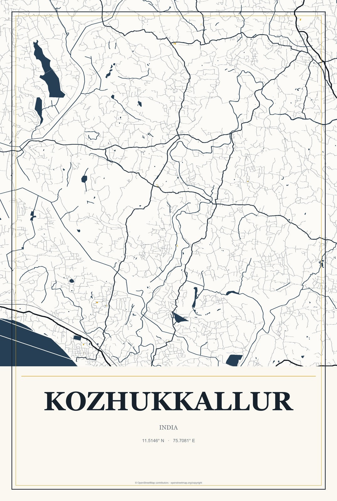 Kozhukkallur, India City Map Aluminum Sign in Citrine Modern style