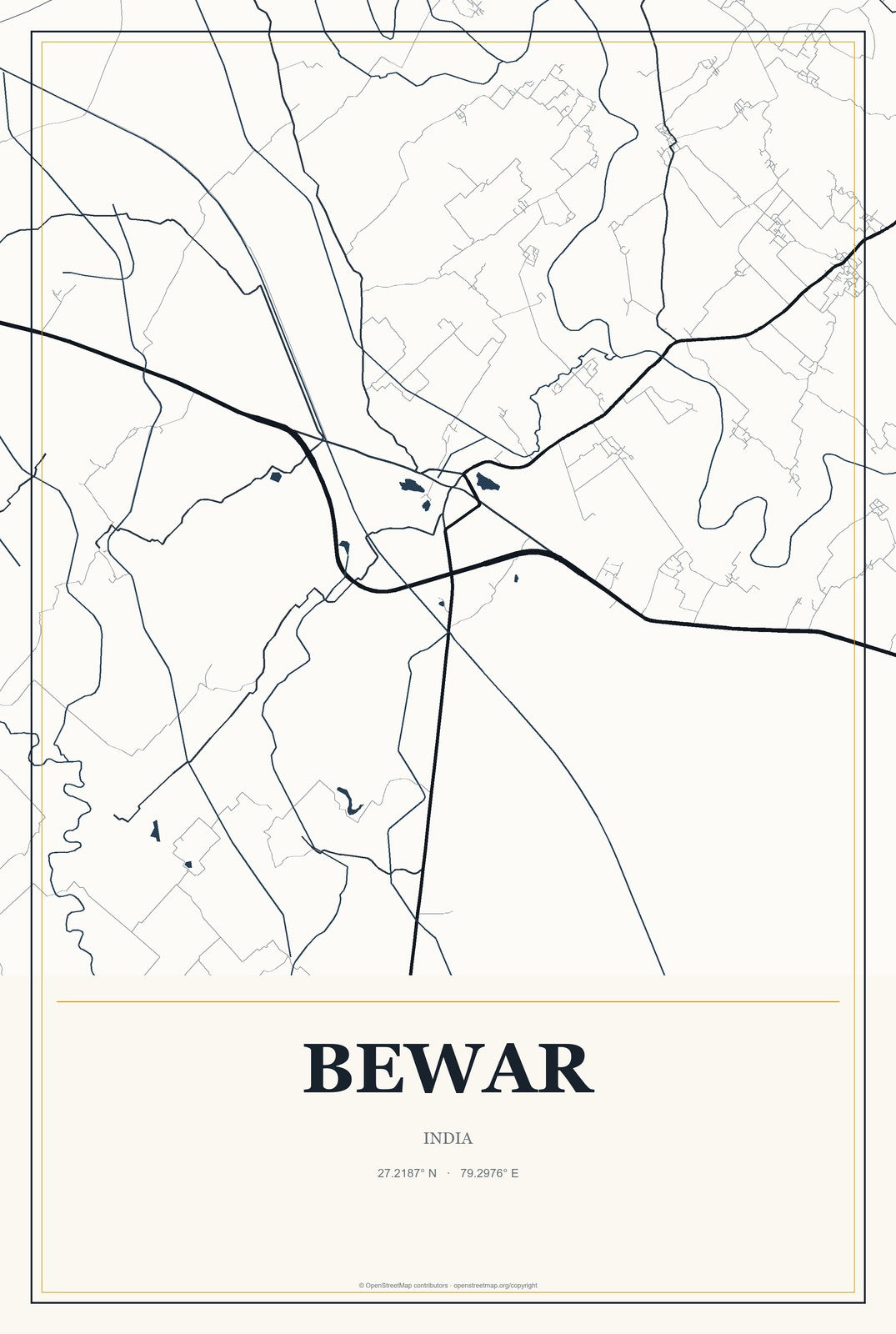 Bewar, India City Map Aluminum Sign in Citrine Modern style