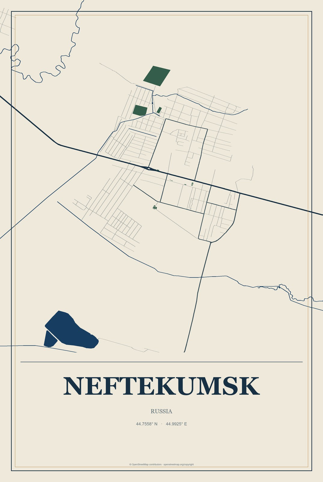Neftekumsk, Russia City Map Aluminum Sign in Coastal Cutout style
