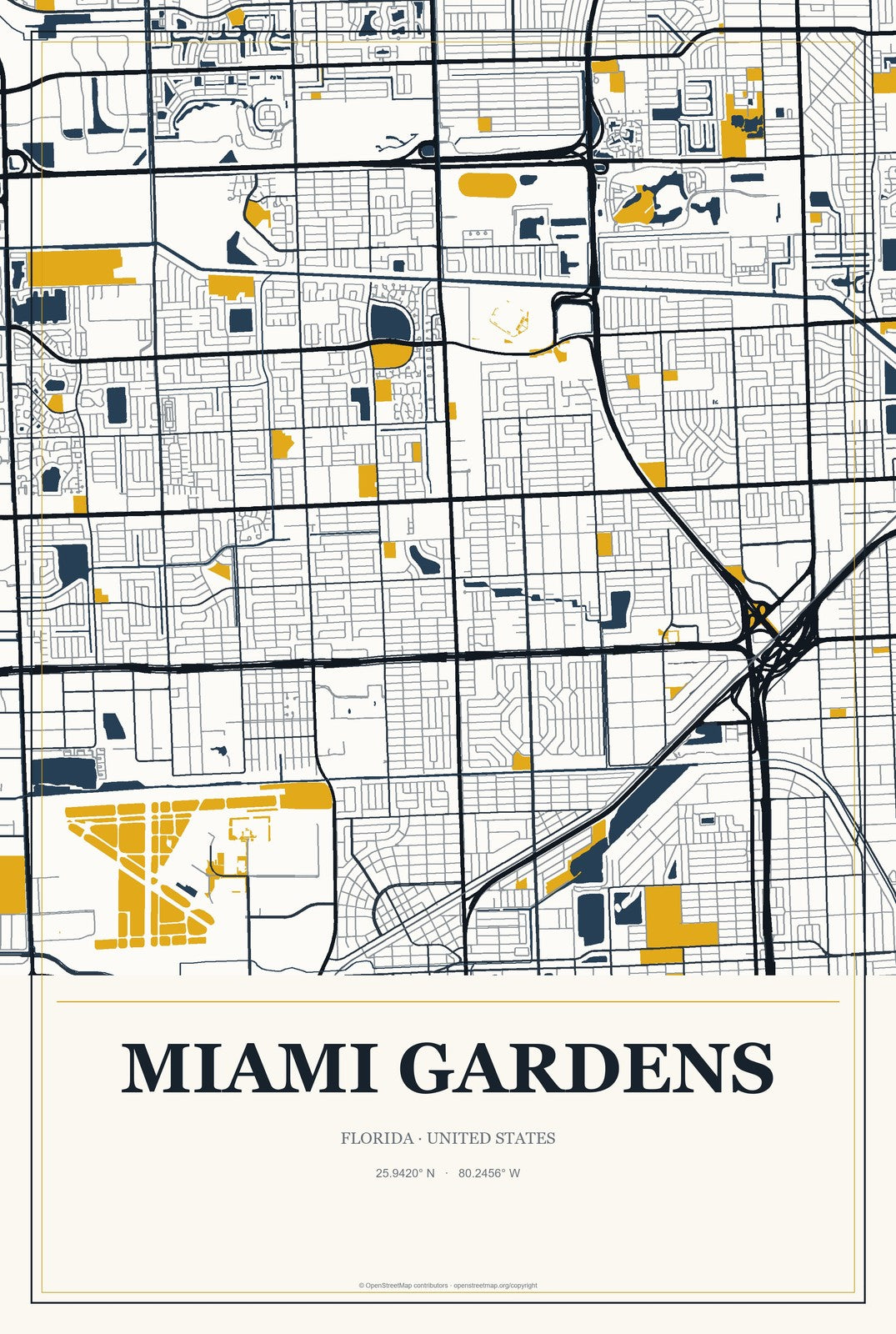 Miami Gardens, Florida City Map Aluminum Sign in Citrine Modern style
