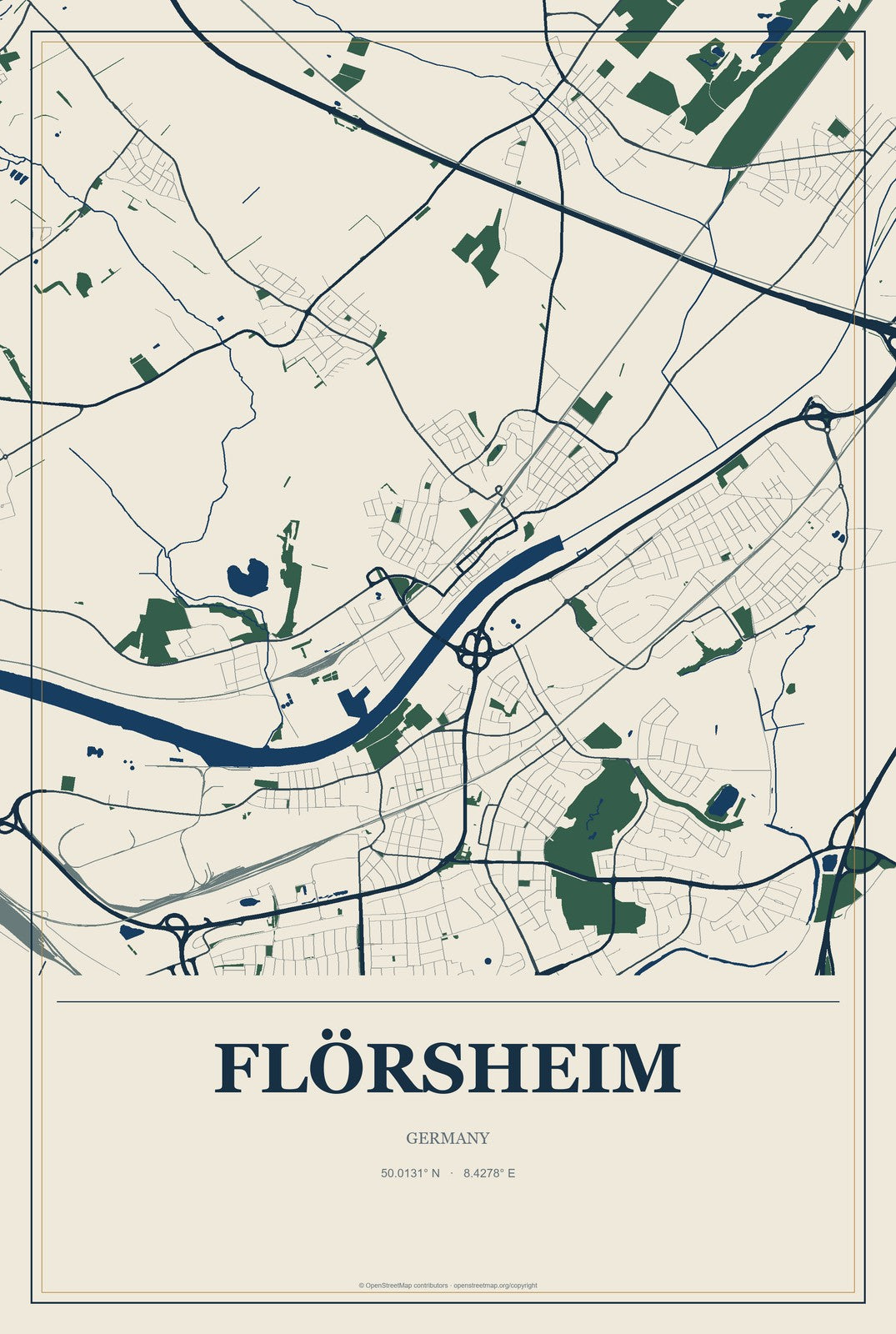 Flörsheim, Germany City Map Aluminum Sign in Coastal Cutout style