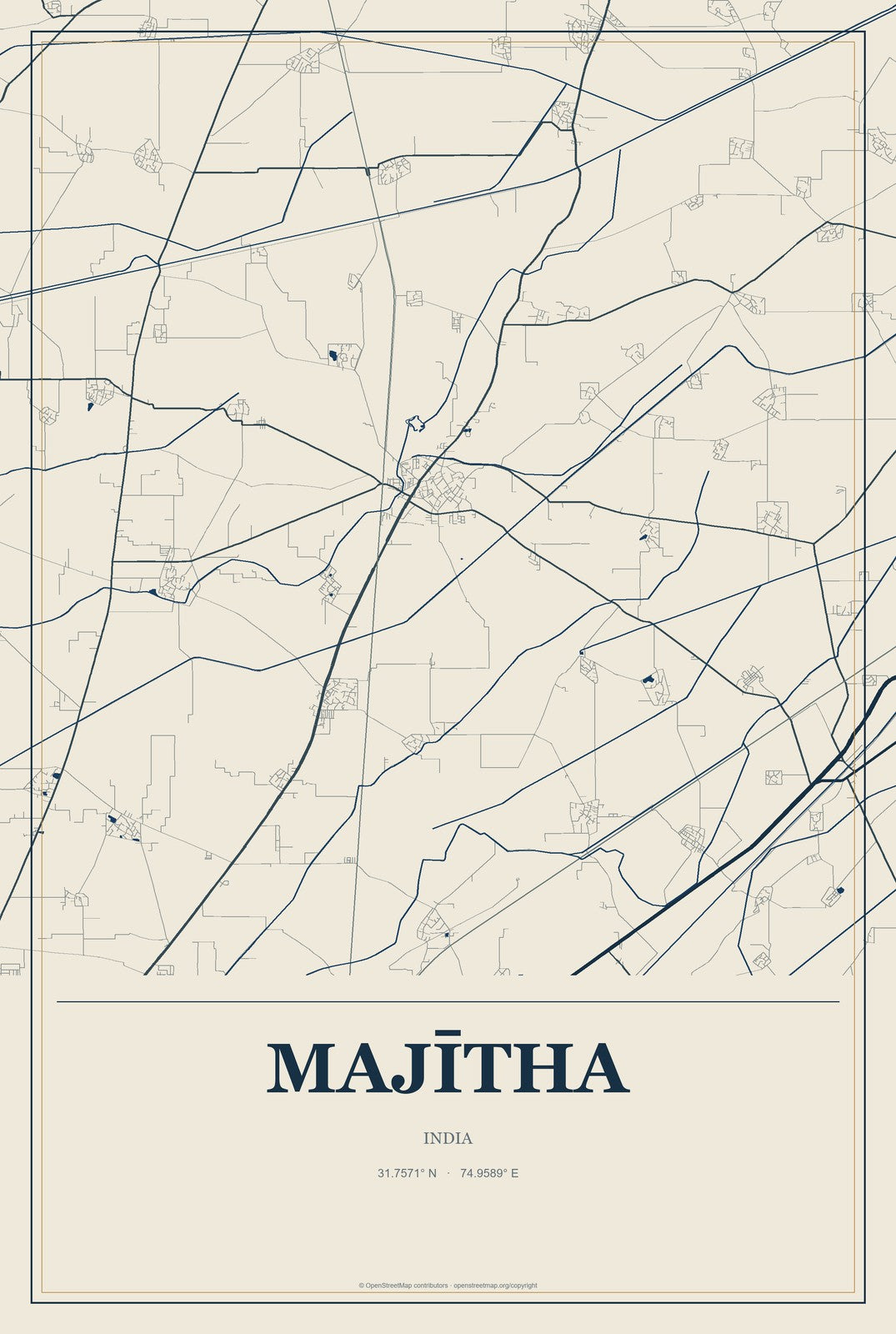 Majītha, India City Map Aluminum Sign in Coastal Cutout style
