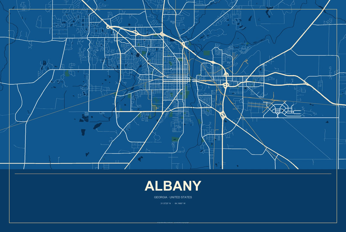 Albany, Georgia City Map Aluminum Sign in Harbor Cobalt style