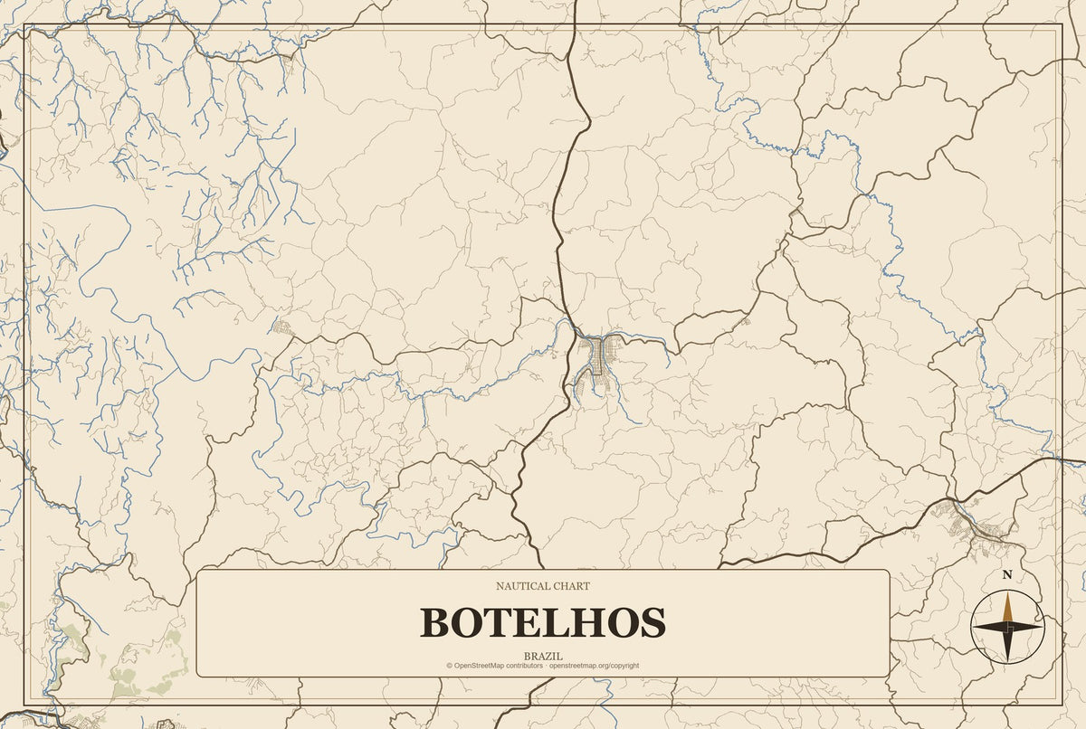 Botelhos, Brazil City Map Aluminum Sign in Heritage Nautical style