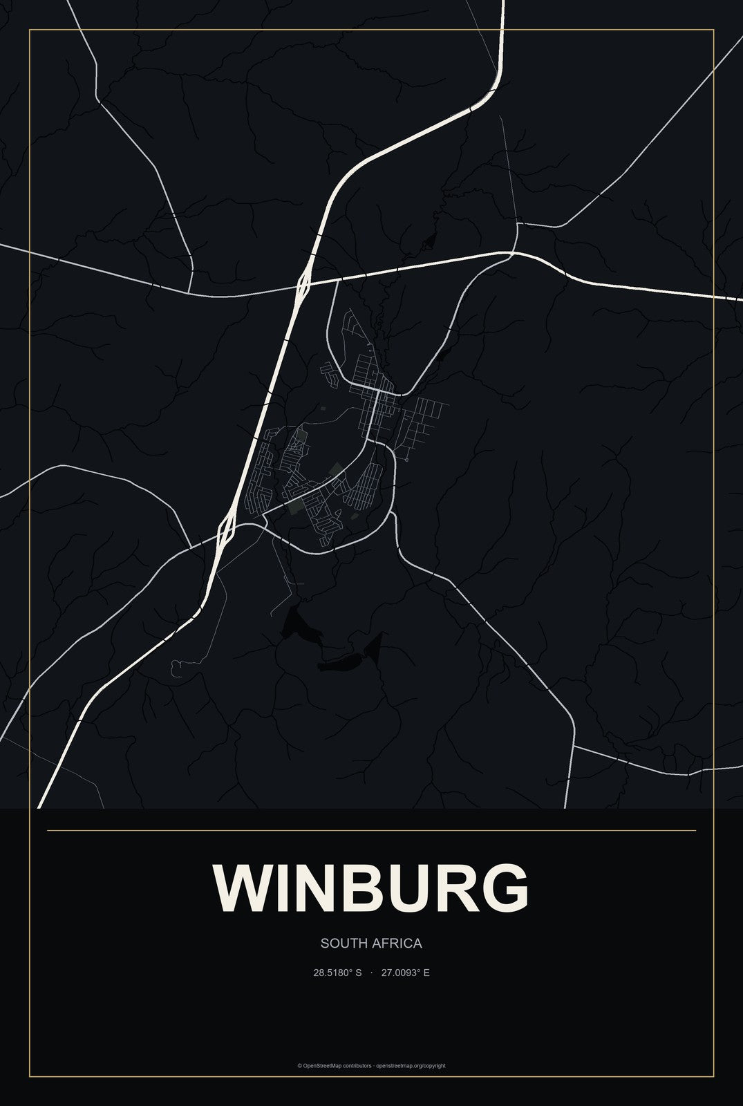 Winburg, South Africa City Map Aluminum Sign in Metropolitan Noir style