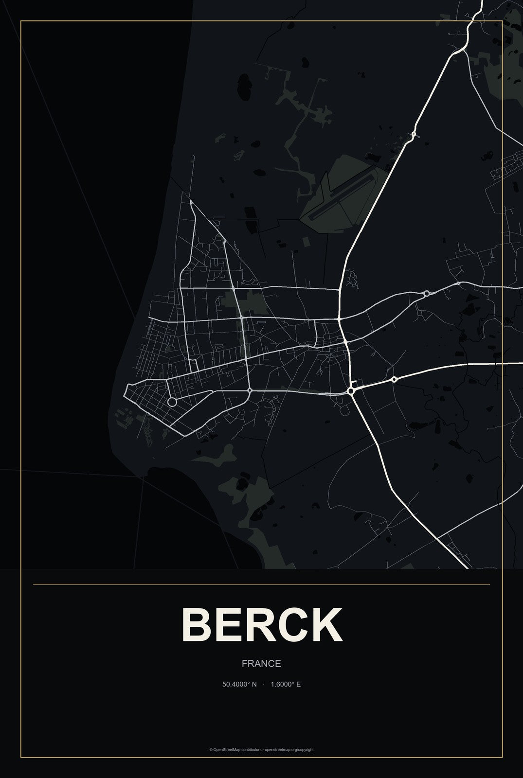 Berck, France City Map Aluminum Sign in Metropolitan Noir style