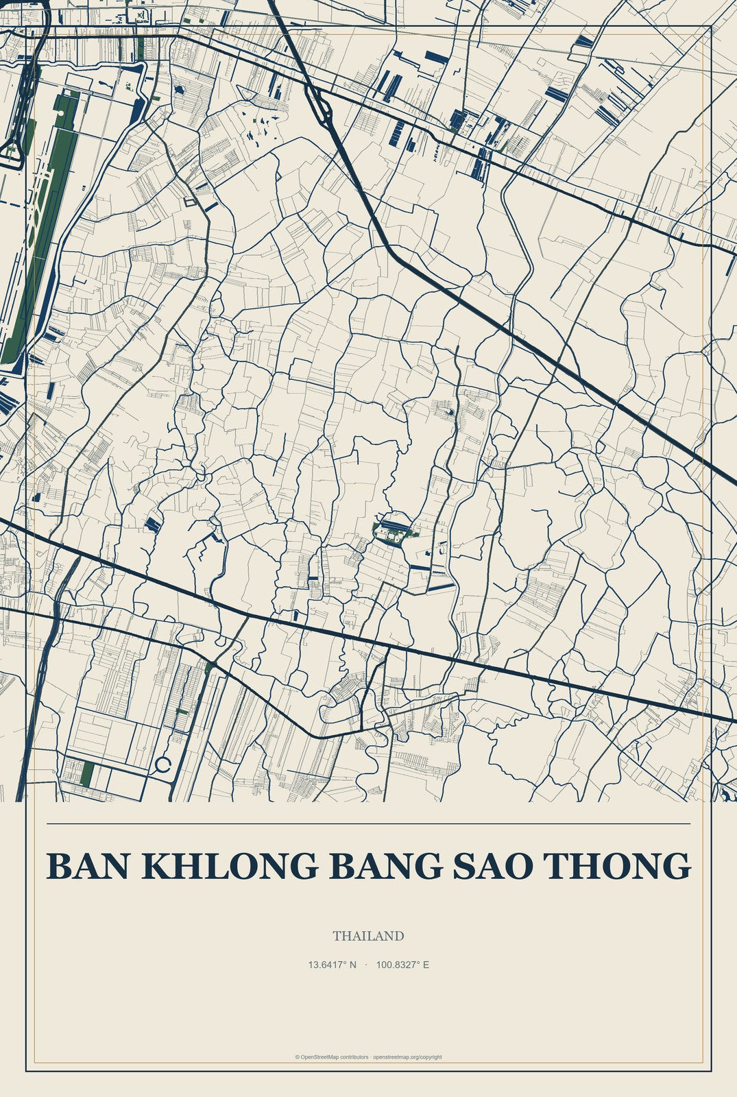 Ban Khlong Bang Sao Thong, Thailand City Map Aluminum Sign in Coastal Cutout style