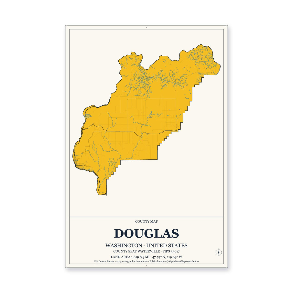 Douglas County, Washington Map Aluminum Sign in Citrine Modern style