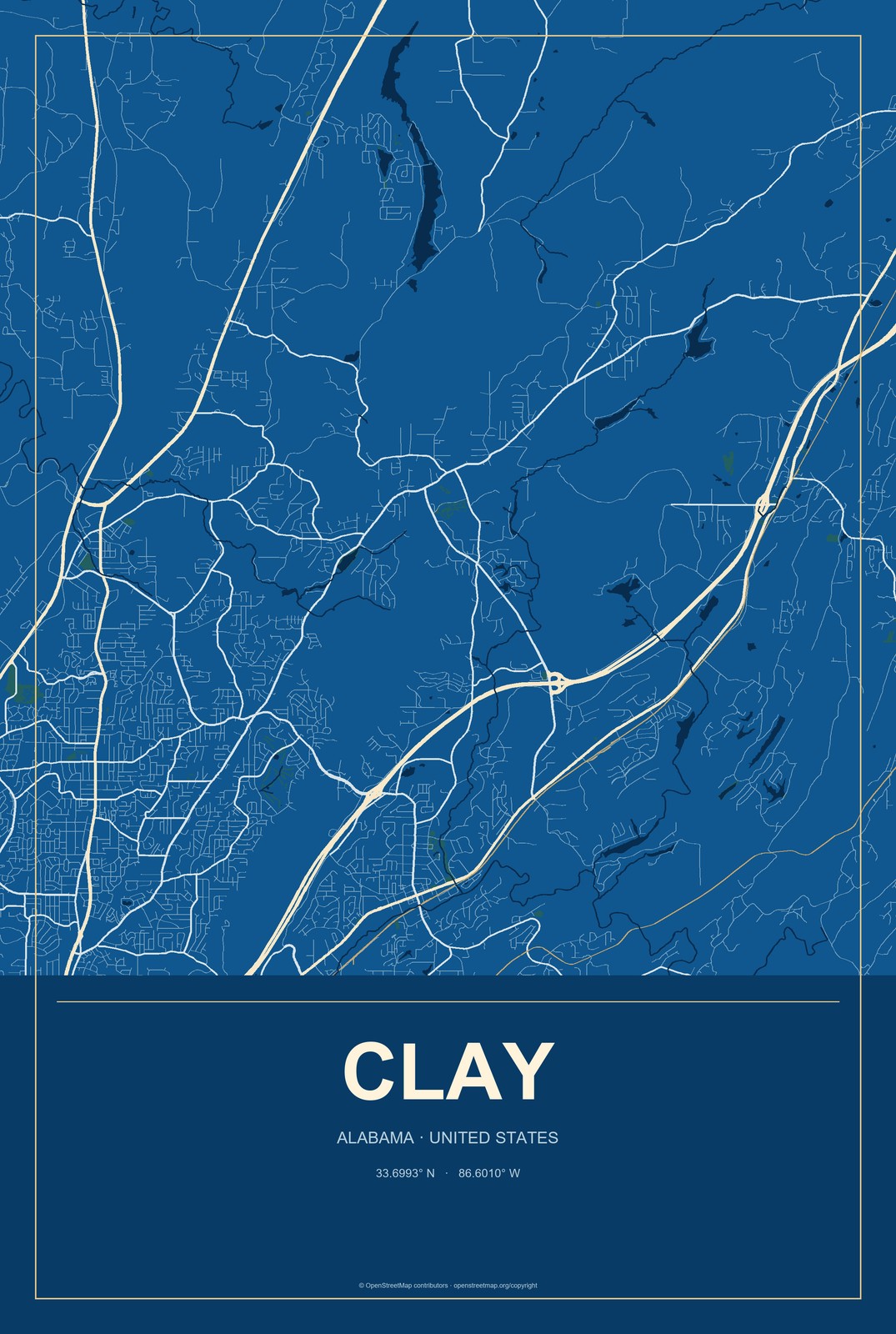 Clay, Alabama City Map Aluminum Sign in Harbor Cobalt style