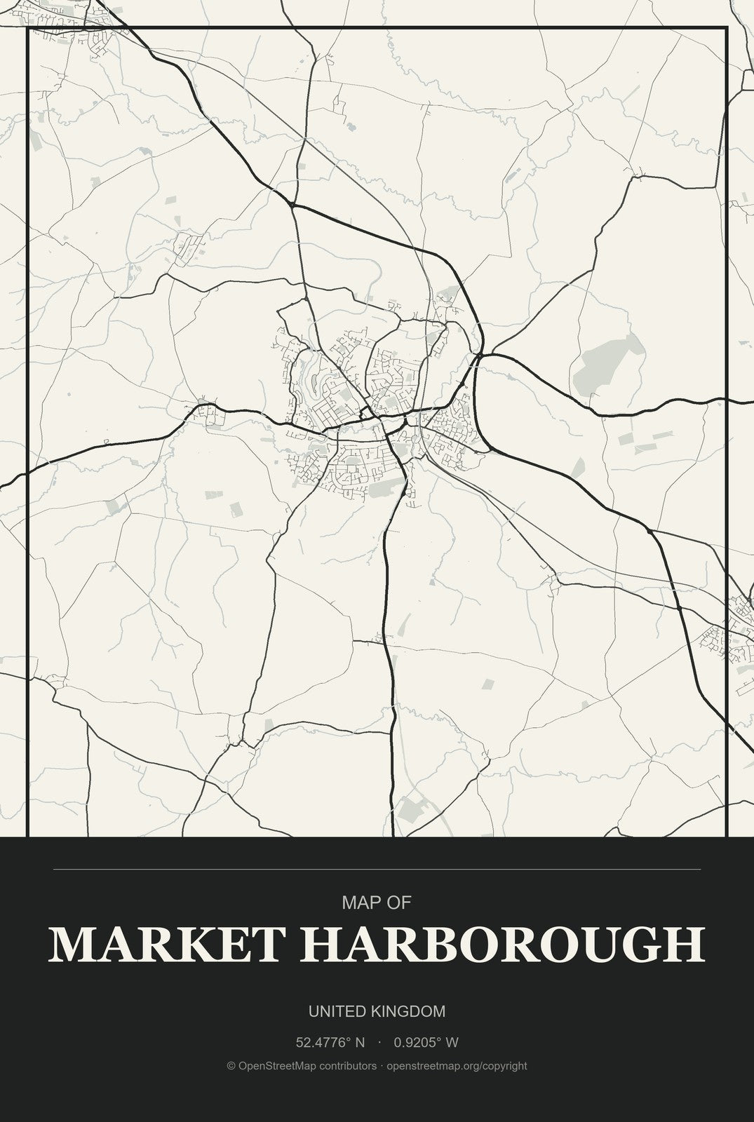 Market Harborough, United Kingdom City Map Aluminum Sign in Museum Plaque style