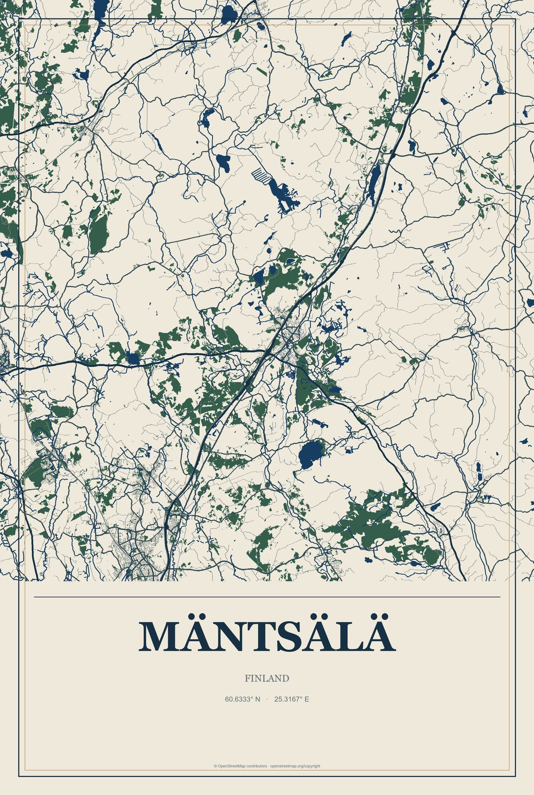 Mäntsälä, Finland City Map Aluminum Sign in Coastal Cutout style