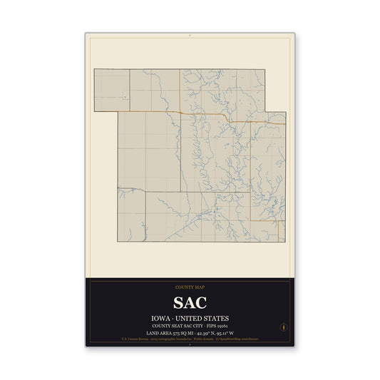 Sac County, Iowa Map Aluminum Sign in Museum Plaque style