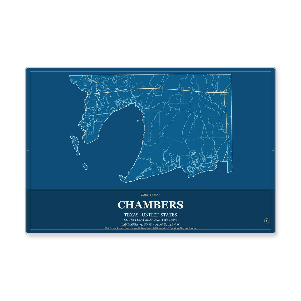 Chambers County, Texas Map Aluminum Sign in Harbor Cobalt style