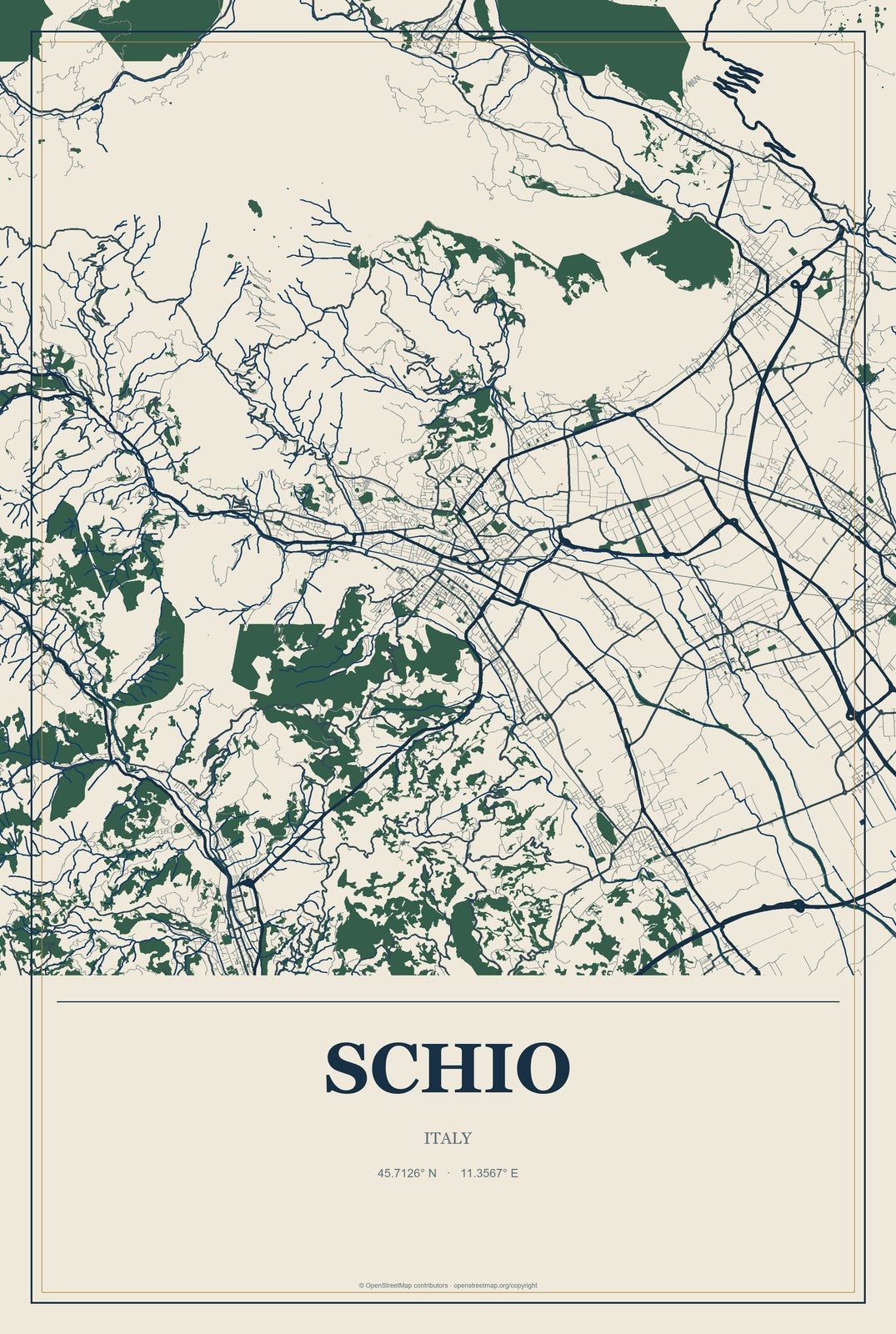 Schio, Italy City Map Aluminum Sign in Coastal Cutout style