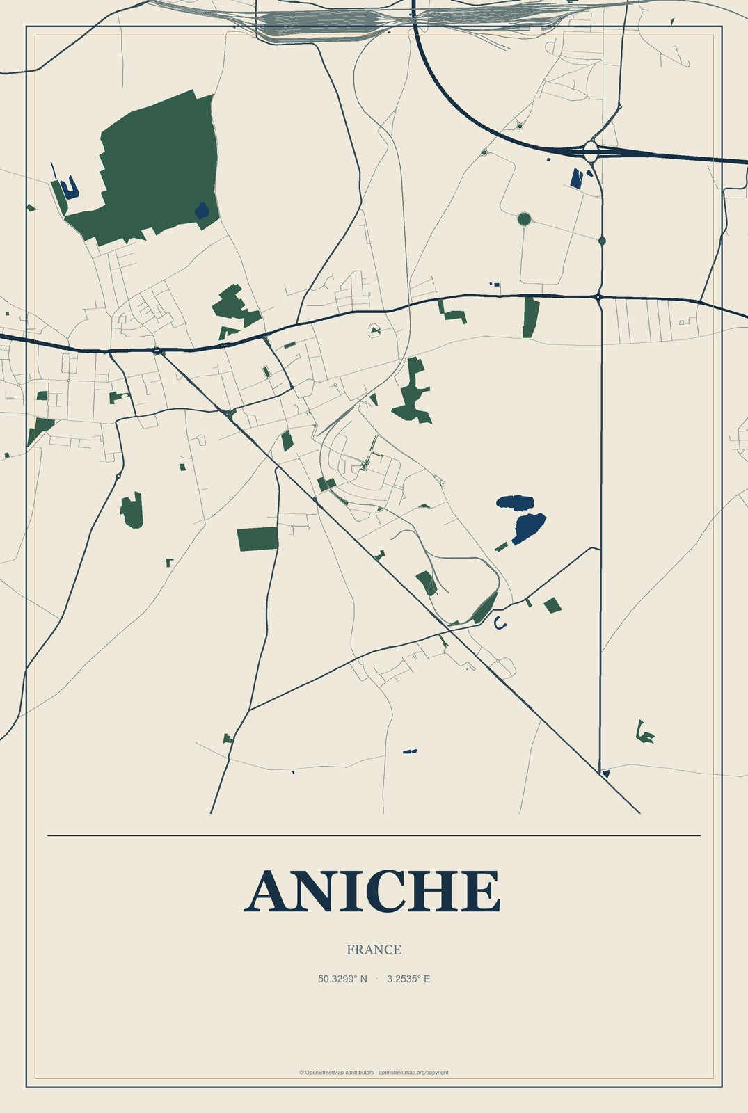 Aniche, France City Map Aluminum Sign in Coastal Cutout style