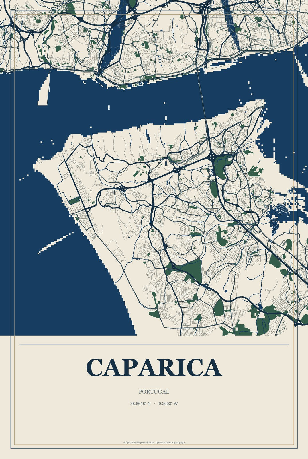 Caparica, Portugal City Map Aluminum Sign in Coastal Cutout style