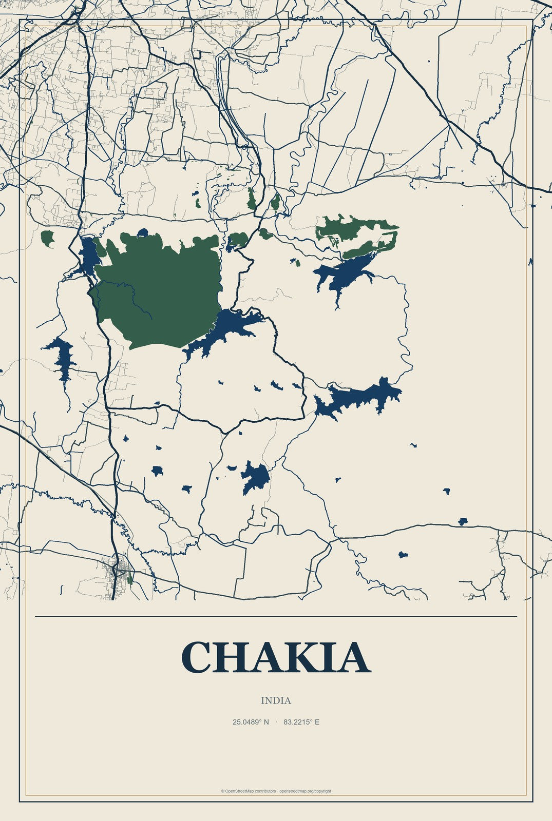 Chakia, India City Map Aluminum Sign in Coastal Cutout style