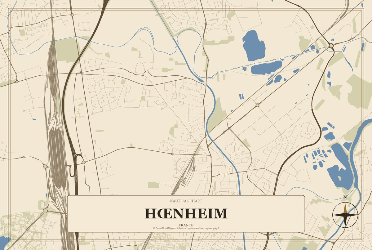 Hœnheim, France City Map Aluminum Sign in Heritage Nautical style