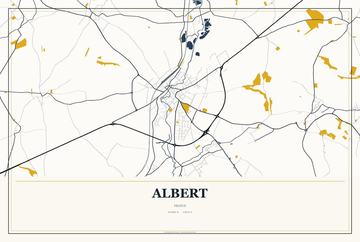 Albert, France City Map Aluminum Sign in Citrine Modern style