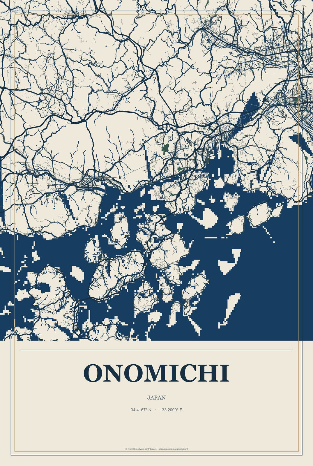 Onomichi, Japan City Map Aluminum Sign in Coastal Cutout style