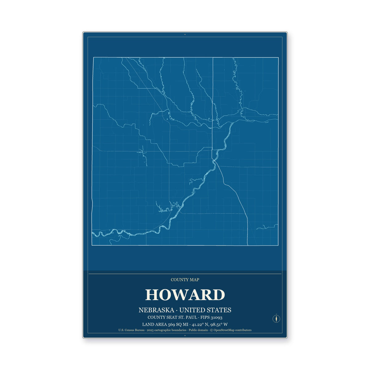 Howard County, Nebraska Map Aluminum Sign in Harbor Cobalt style