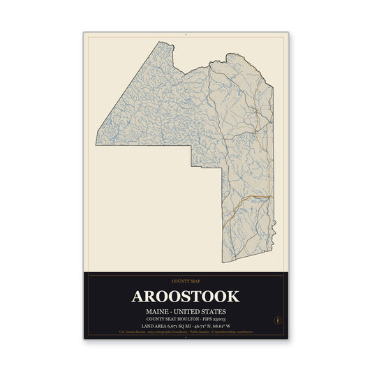 Aroostook County, Maine Map Aluminum Sign in Museum Plaque style