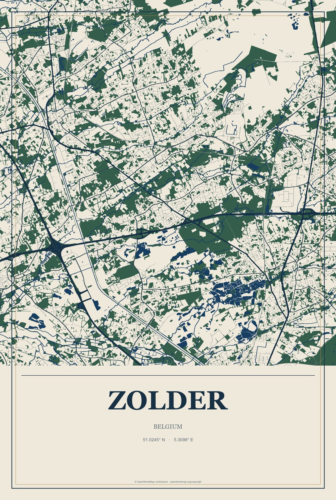 Zolder, Belgium City Map Aluminum Sign in Coastal Cutout style