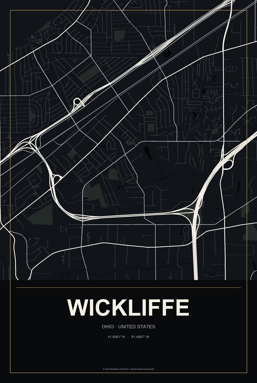 Wickliffe, Ohio City Map Aluminum Sign in Metropolitan Noir style