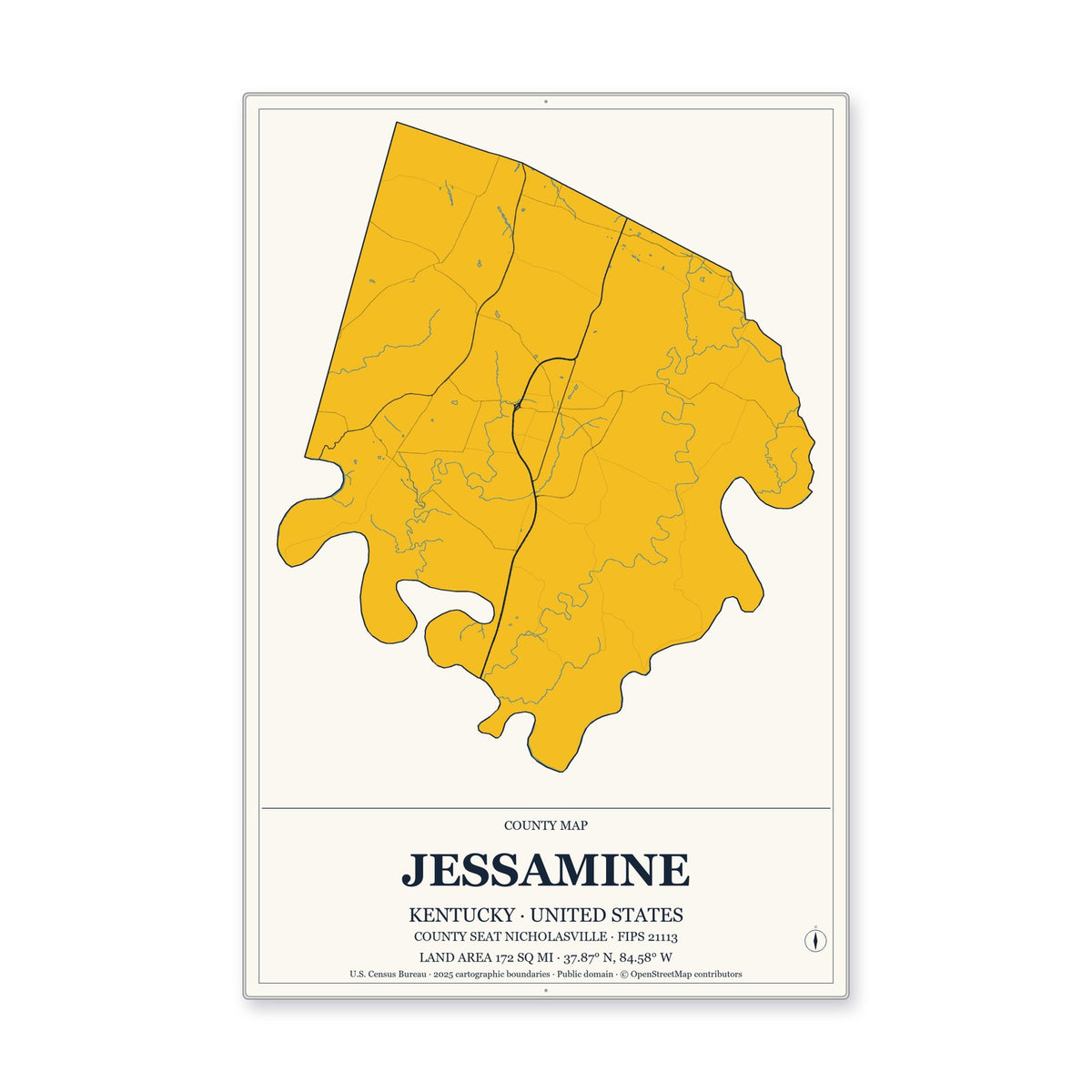 Jessamine County, Kentucky Map Aluminum Sign in Citrine Modern style