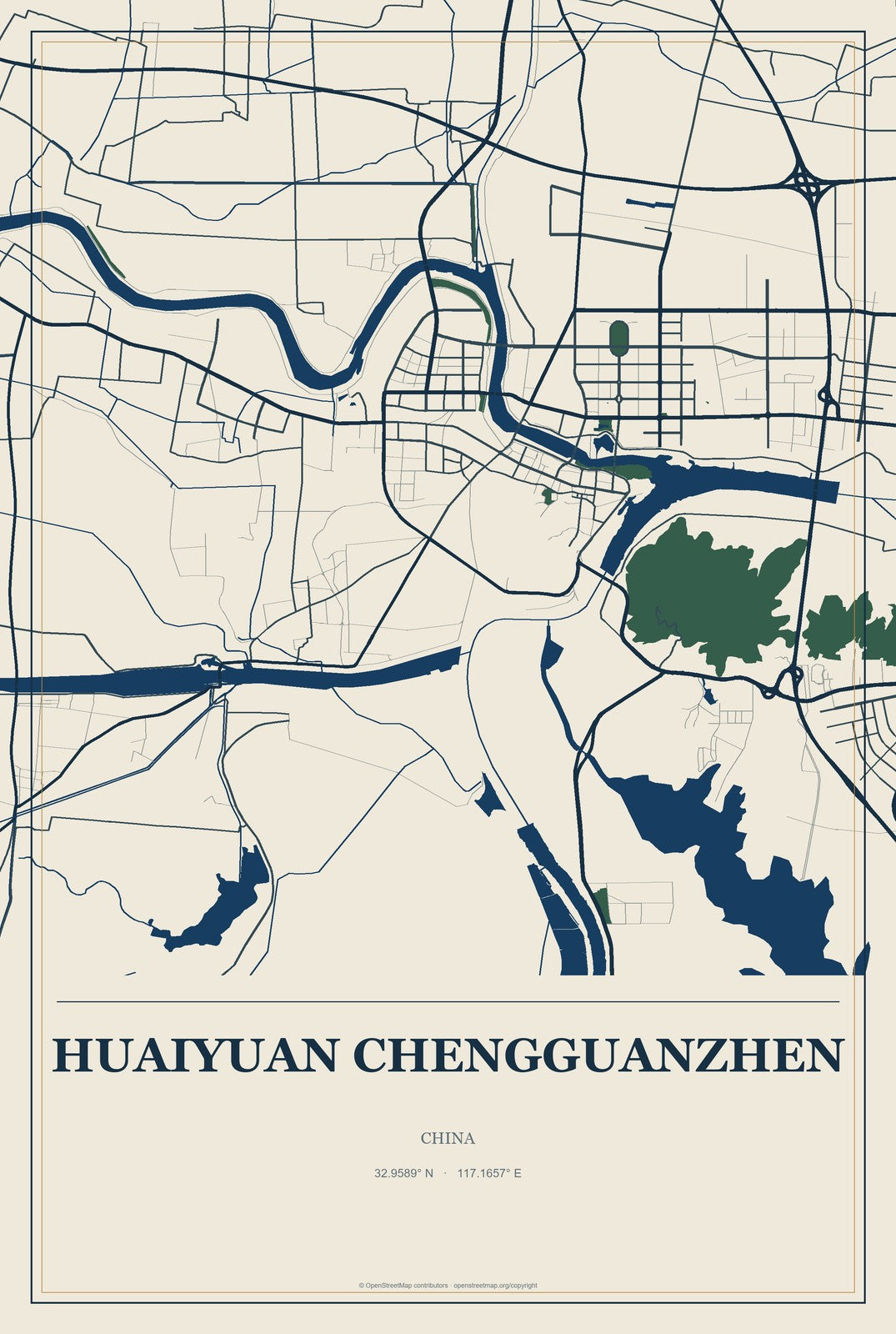 Huaiyuan Chengguanzhen, China City Map Aluminum Sign in Coastal Cutout style